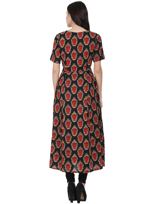 Black Printed Half Sleeve Cotton Anarkali Kurta | LASVINI - Redefining Indian Fashion with Elegance