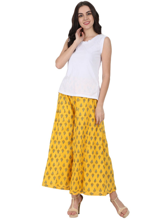 Yellow Printed Ankle Length Cotton Palazzo | LASVINI - Redefining Indian Fashion with Elegance