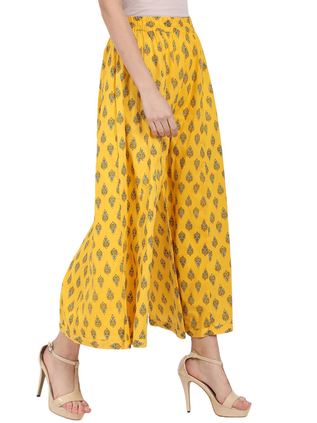 Yellow Printed Ankle Length Cotton Palazzo | LASVINI - Redefining Indian Fashion with Elegance