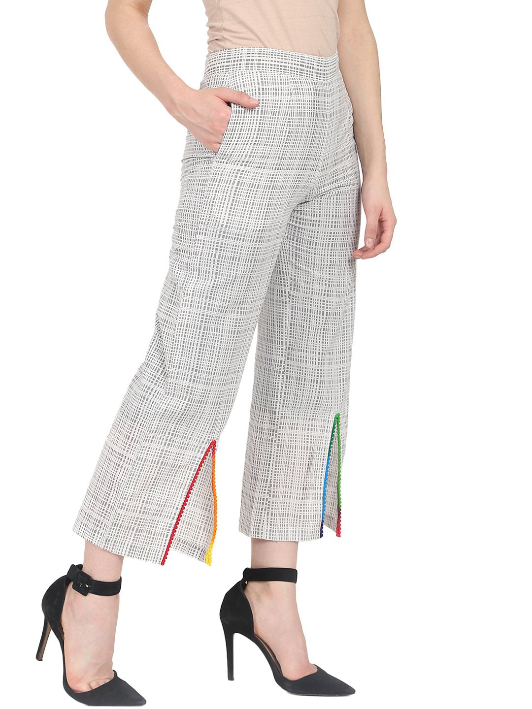 Off White Printed Cotton Calf Length Palazzo | LASVINI - Redefining Indian Fashion with Elegance