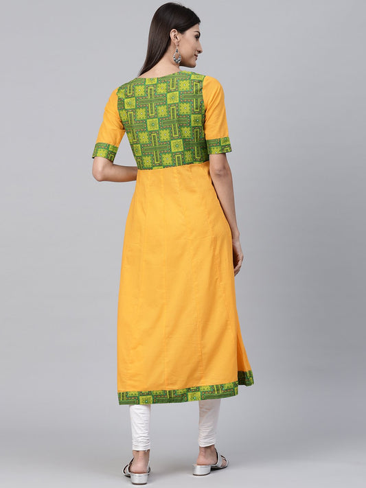 Yellow Half Sleeve Cotton A-Line Kurta With Printed Yoke | LASVINI - Redefining Indian Fashion with Elegance