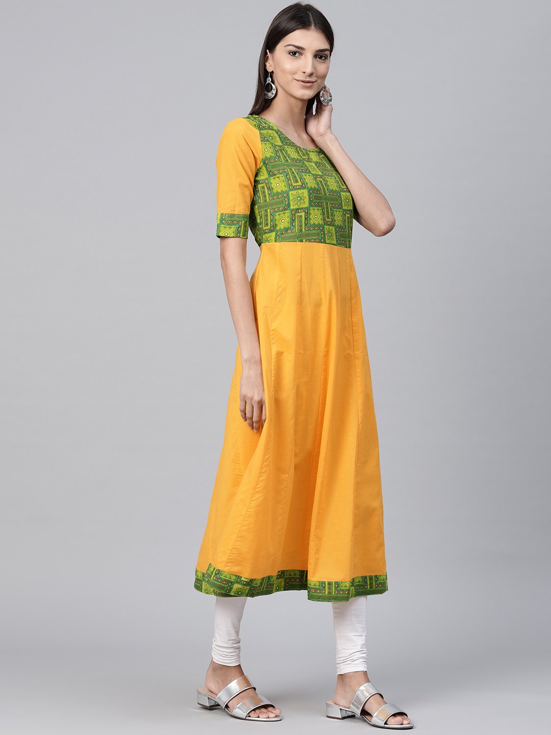 Yellow Half Sleeve Cotton A-Line Kurta With Printed Yoke | LASVINI - Redefining Indian Fashion with Elegance