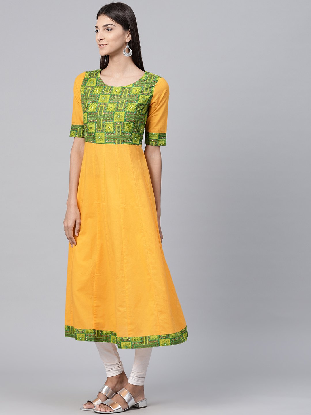 Yellow Half Sleeve Cotton A-Line Kurta With Printed Yoke | LASVINI - Redefining Indian Fashion with Elegance