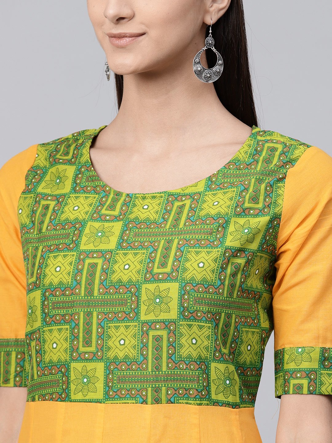 Yellow Half Sleeve Cotton A-Line Kurta With Printed Yoke | LASVINI - Redefining Indian Fashion with Elegance