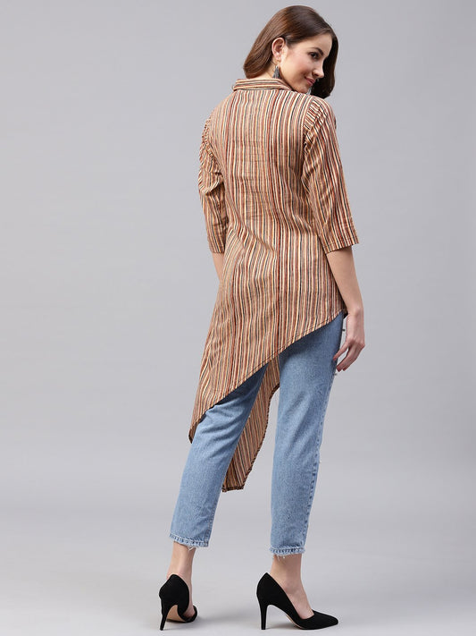 Beige Striped 3/4Th Sleeve Cotton Assymetric Tunic | LASVINI - Redefining Indian Fashion with Elegance