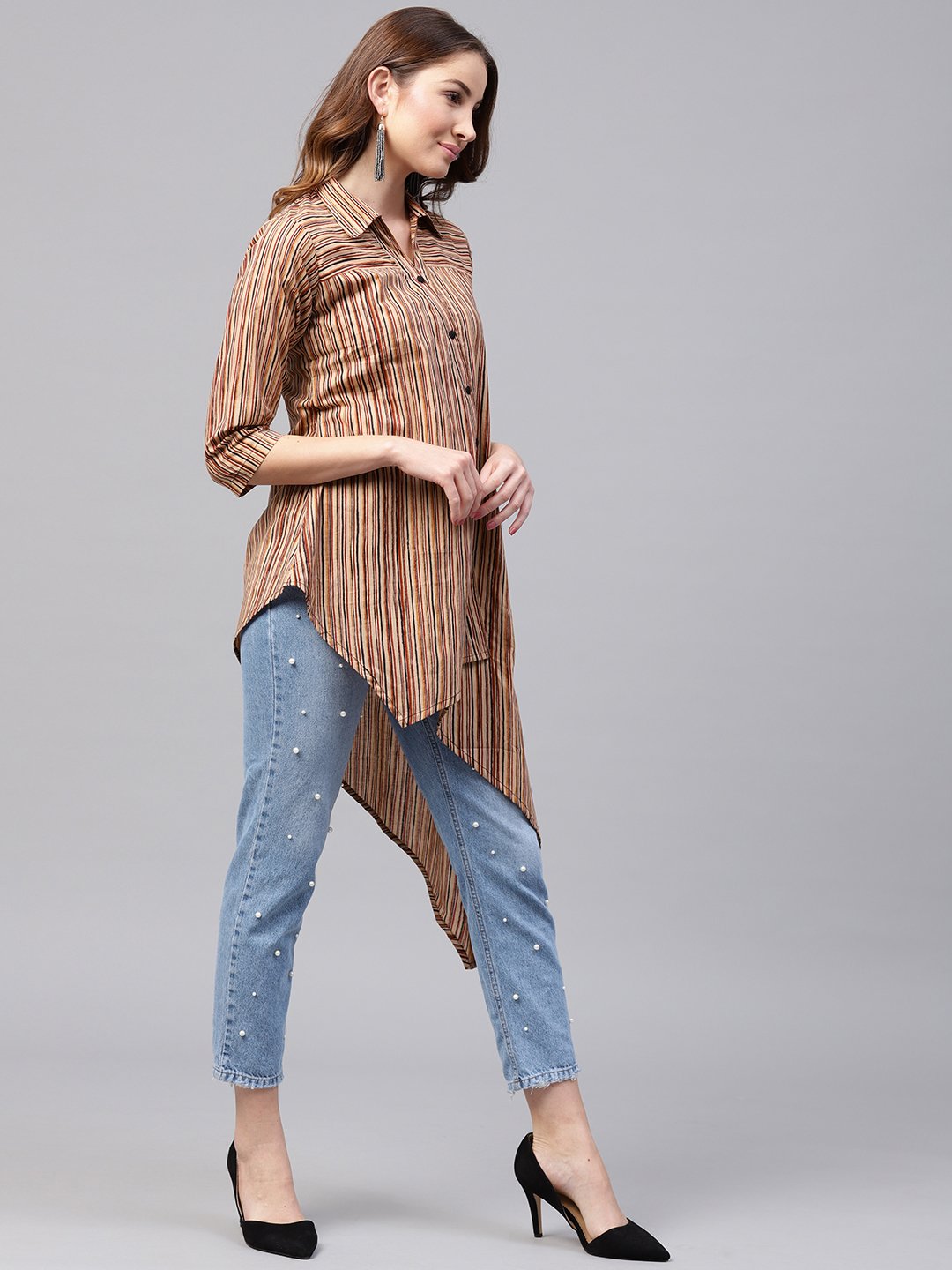 Beige Striped 3/4Th Sleeve Cotton Assymetric Tunic | LASVINI - Redefining Indian Fashion with Elegance