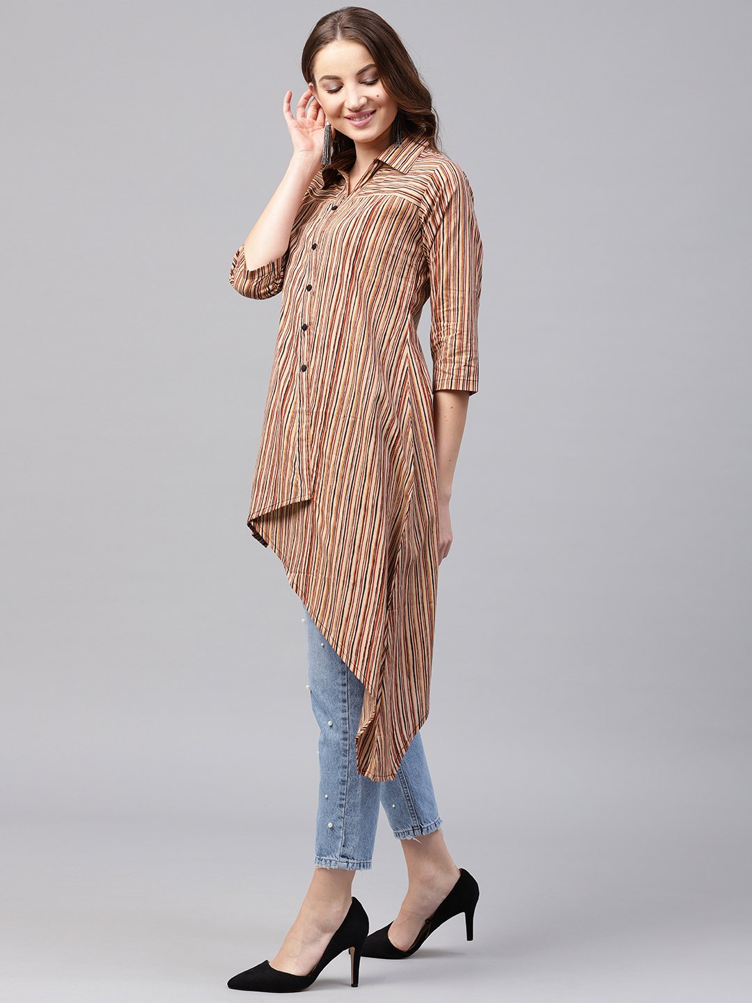 Beige Striped 3/4Th Sleeve Cotton Assymetric Tunic | LASVINI - Redefining Indian Fashion with Elegance