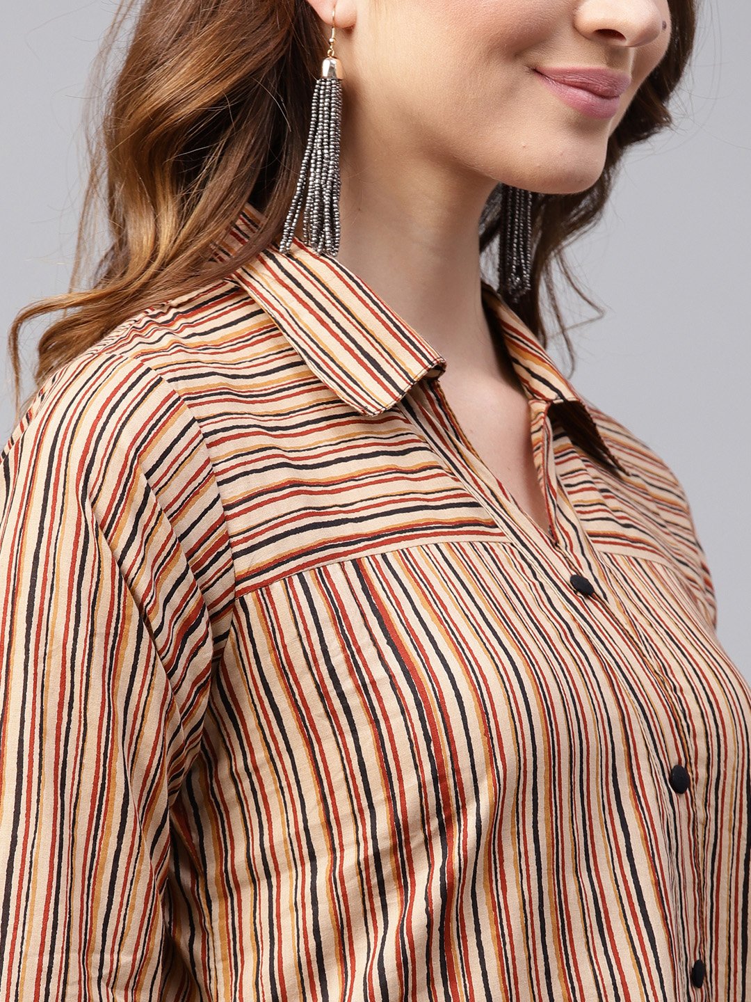 Beige Striped 3/4Th Sleeve Cotton Assymetric Tunic | LASVINI - Redefining Indian Fashion with Elegance