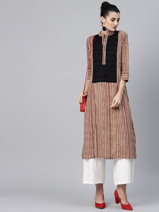 Beige Striped 3/4Th Sleeve Cotton Kurta | LASVINI - Redefining Indian Fashion with Elegance