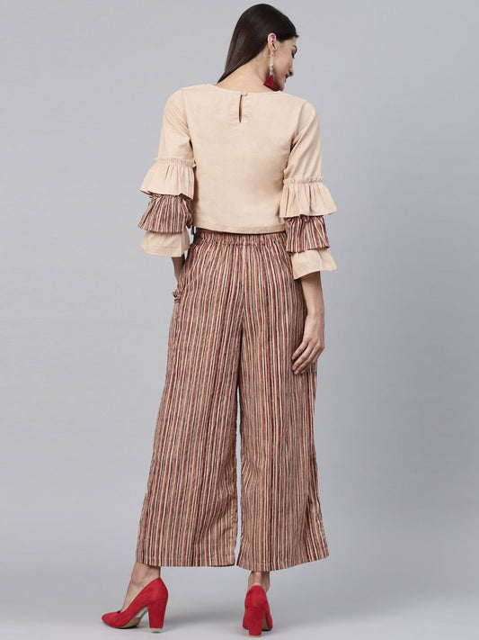 Beige 3/4Th Sleeve Cotton Tops With Beige Striped Palazzo With Double Pocket | LASVINI - Redefining Indian Fashion with Elegance