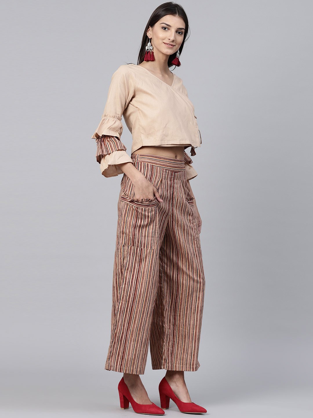 Beige 3/4Th Sleeve Cotton Tops With Beige Striped Palazzo With Double Pocket | LASVINI - Redefining Indian Fashion with Elegance