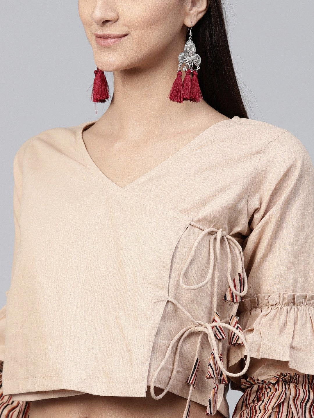 Beige 3/4Th Sleeve Cotton Tops With Beige Striped Palazzo With Double Pocket | LASVINI - Redefining Indian Fashion with Elegance