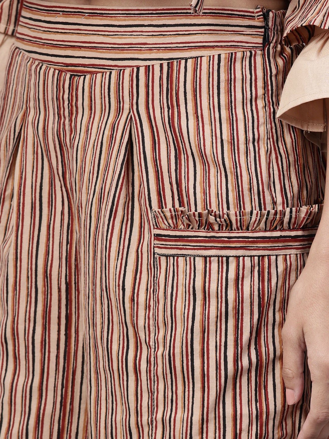 Beige 3/4Th Sleeve Cotton Tops With Beige Striped Palazzo With Double Pocket | LASVINI - Redefining Indian Fashion with Elegance