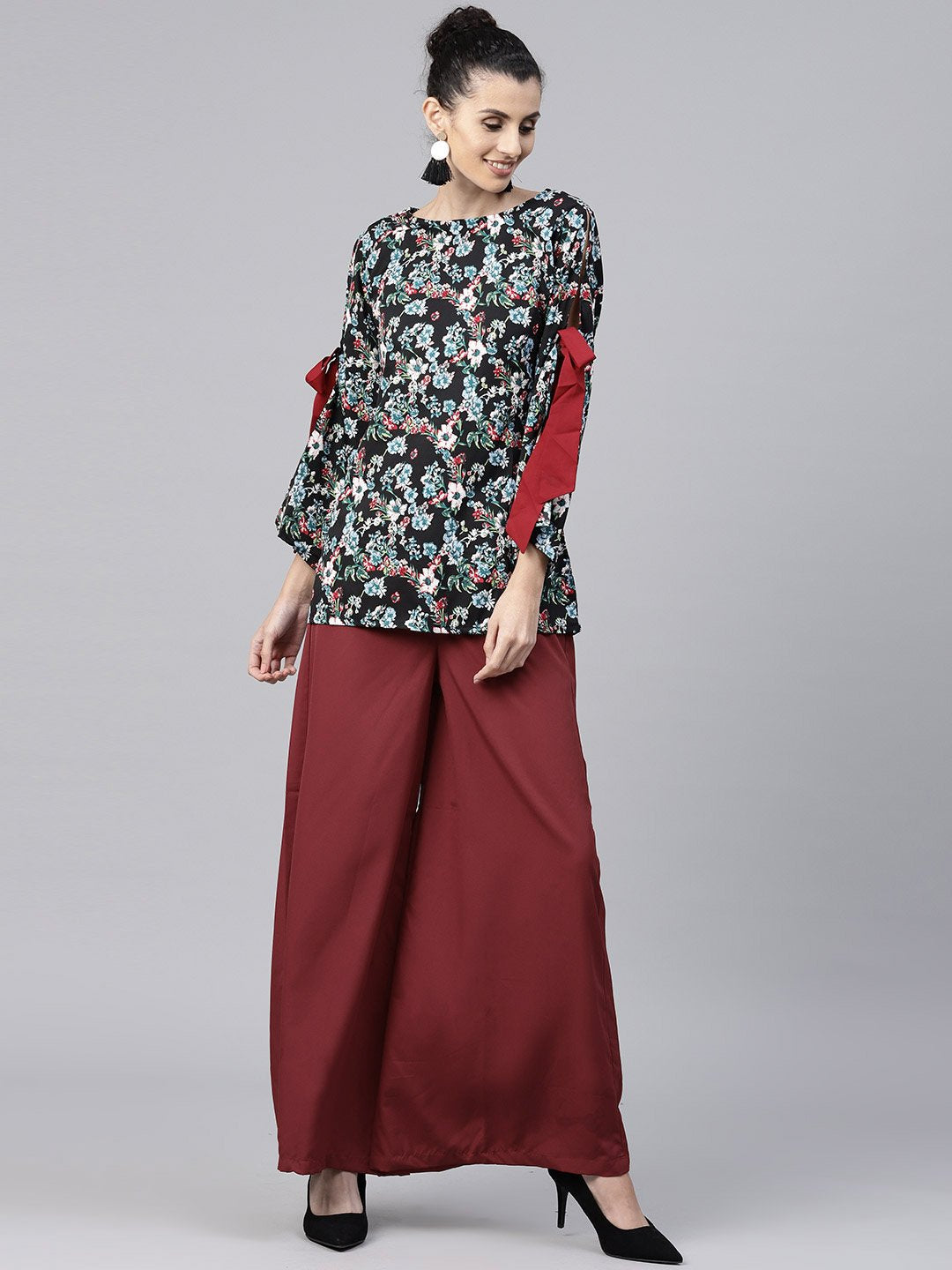 Black & Blue Printed Full Sleeve Crepe Tops With Red Palazzo | LASVINI - Redefining Indian Fashion with Elegance
