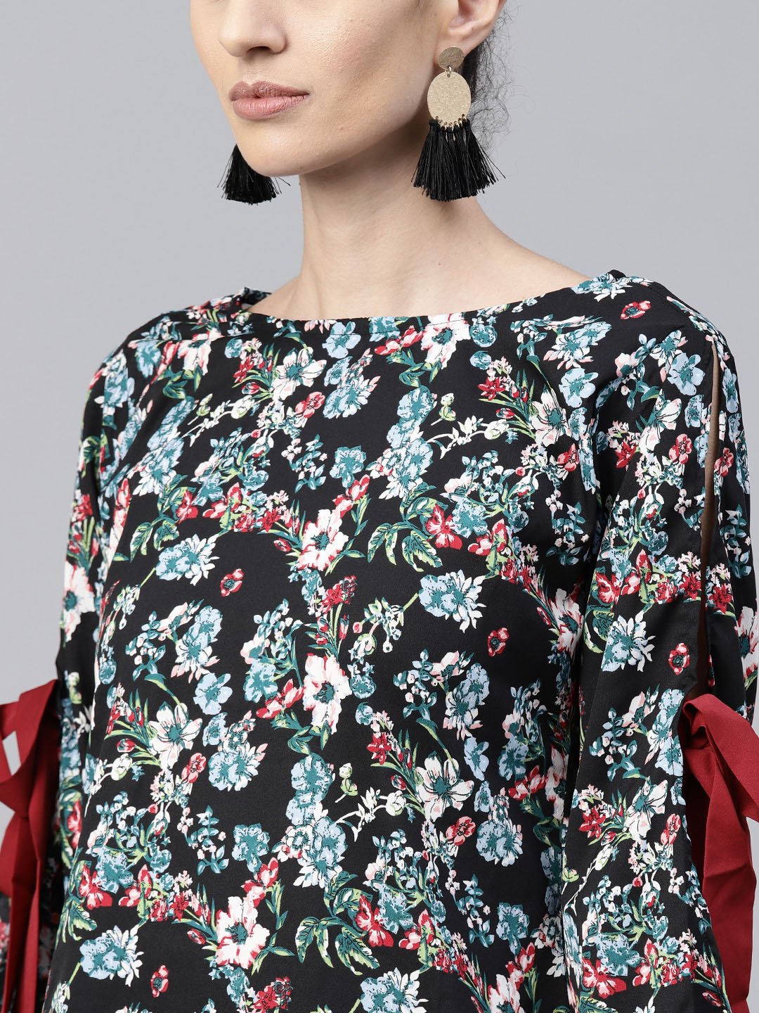 Black & Blue Printed Full Sleeve Crepe Tops With Red Palazzo | LASVINI - Redefining Indian Fashion with Elegance