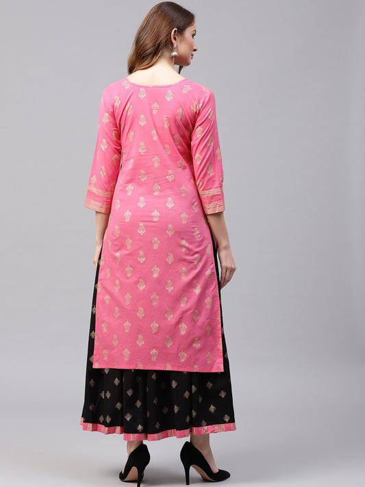 Pink Golden Print 3/4Th Sleeve Cotton Kurta With Black Printed Skirt | LASVINI - Redefining Indian Fashion with Elegance