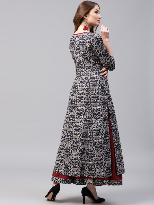 Blue Printed 3/4Th Sleeve Cotton Kurta With Red Flared Skirt | LASVINI - Redefining Indian Fashion with Elegance
