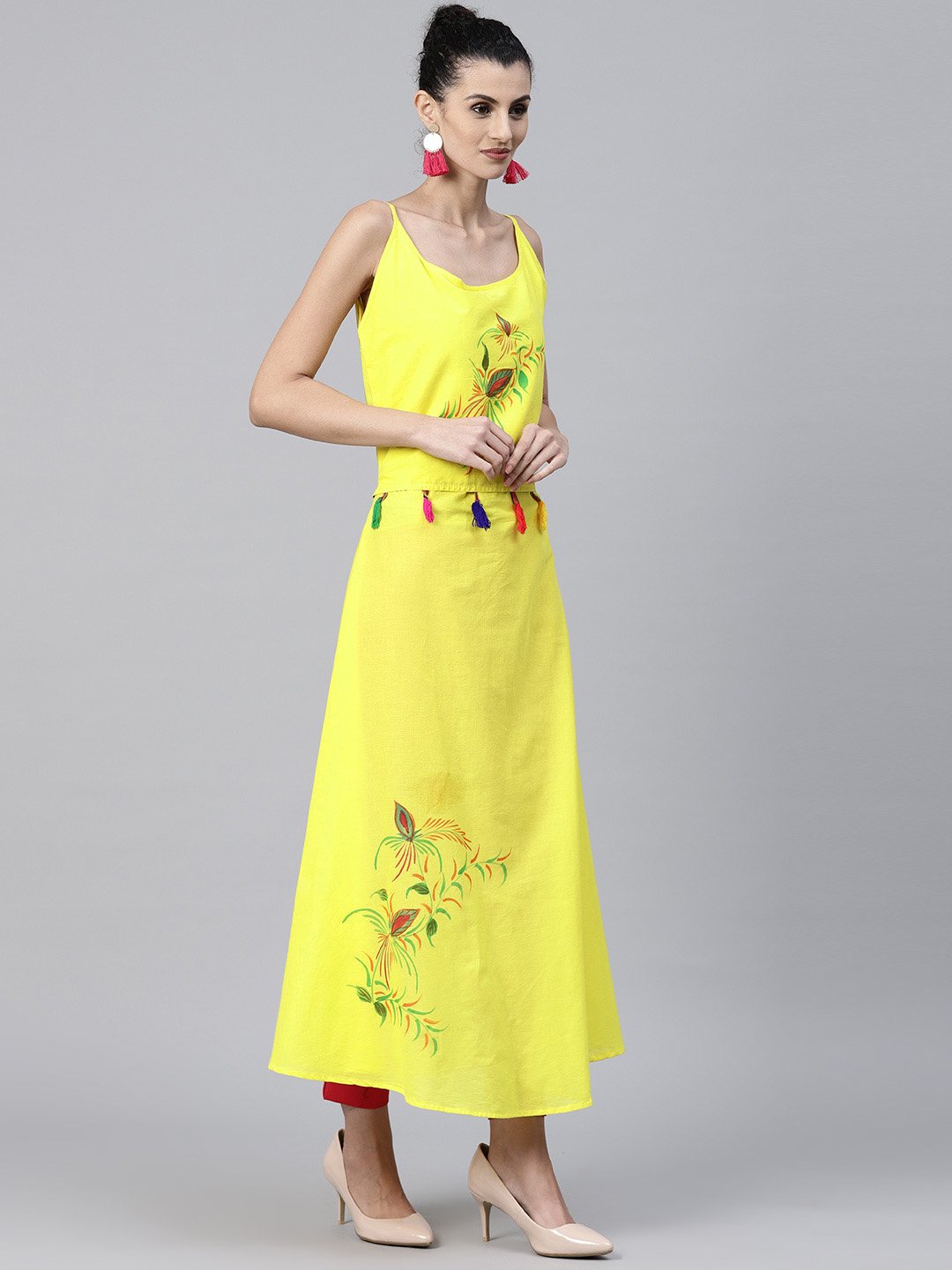 Yellow Block Printed Sleeveless Cotton Anarkali Kurta | LASVINI - Redefining Indian Fashion with Elegance