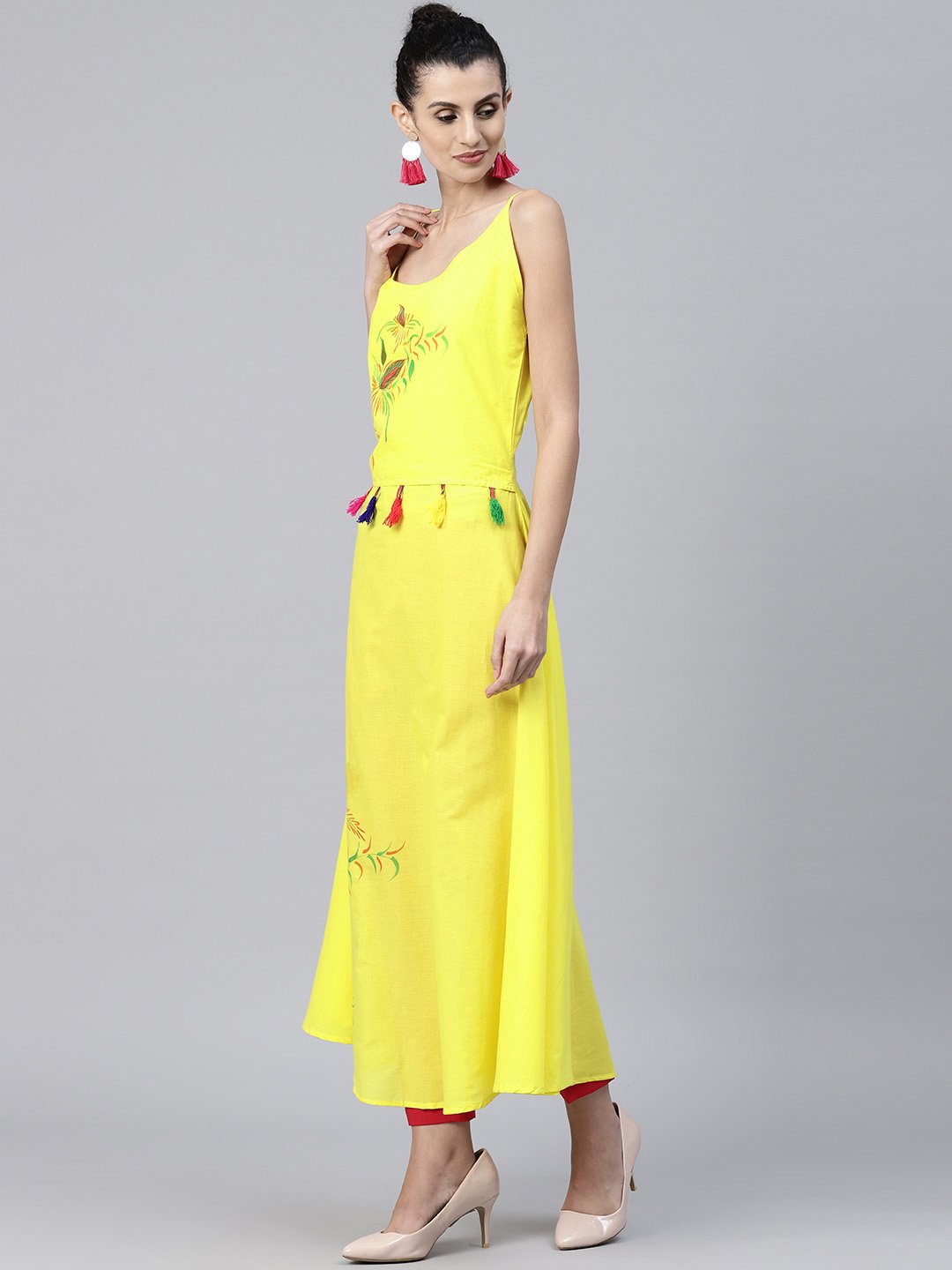 Yellow Block Printed Sleeveless Cotton Anarkali Kurta | LASVINI - Redefining Indian Fashion with Elegance