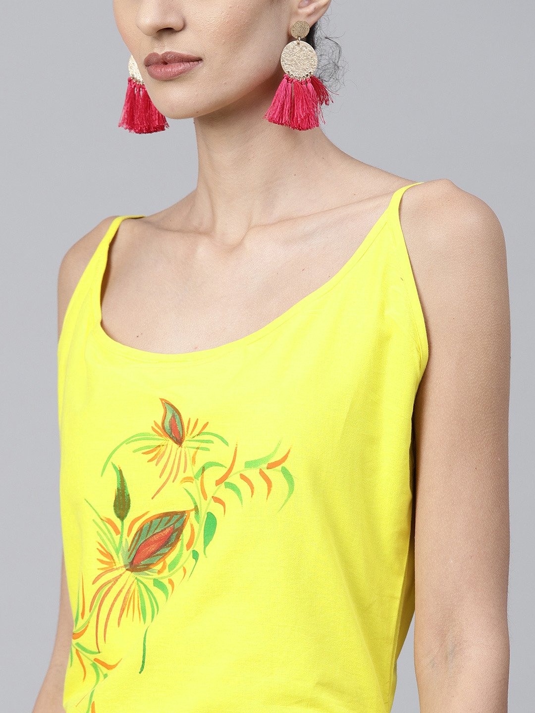 Yellow Block Printed Sleeveless Cotton Anarkali Kurta | LASVINI - Redefining Indian Fashion with Elegance