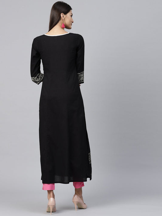 Black Block Printed 3/4Th Sleeve Cotton Kurta | LASVINI - Redefining Indian Fashion with Elegance