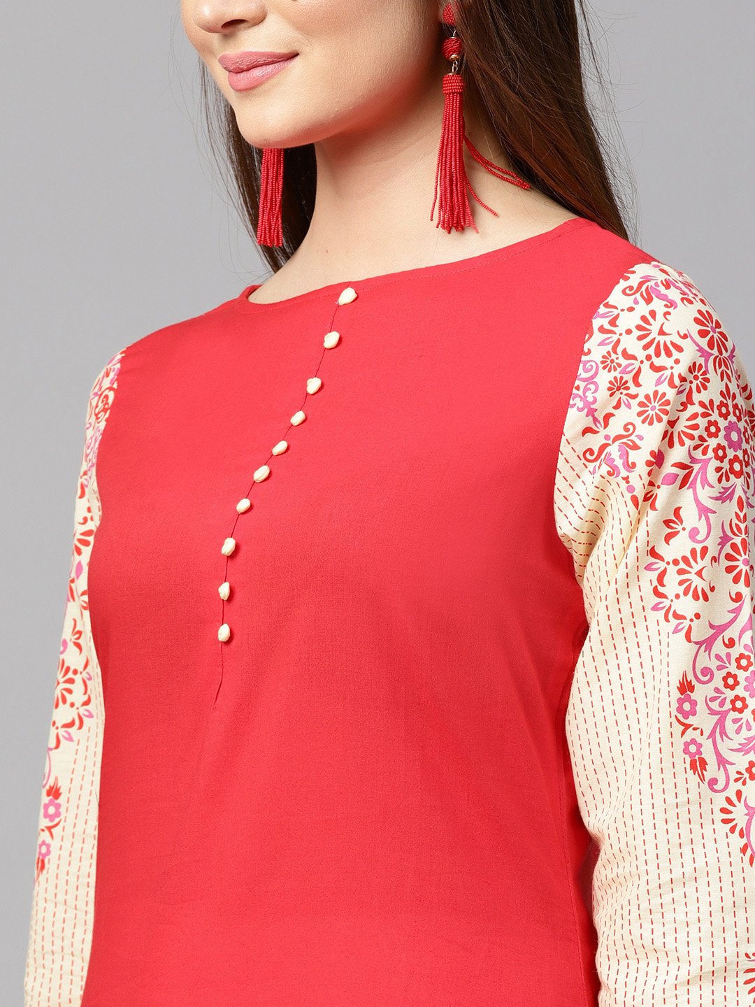 Pink 3/4Th Sleeve Printed Cotton Straight Kurta | LASVINI - Redefining Indian Fashion with Elegance