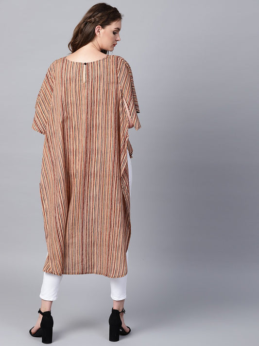 Beige Striped Half Sleeve Low High Cotton Tunics | LASVINI - Redefining Indian Fashion with Elegance