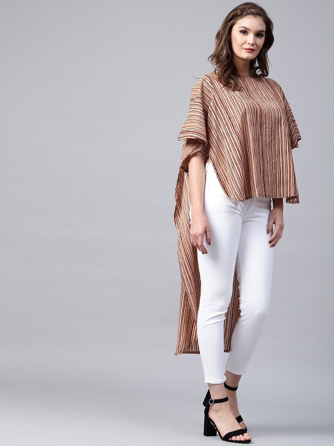 Beige Striped Half Sleeve Low High Cotton Tunics | LASVINI - Redefining Indian Fashion with Elegance