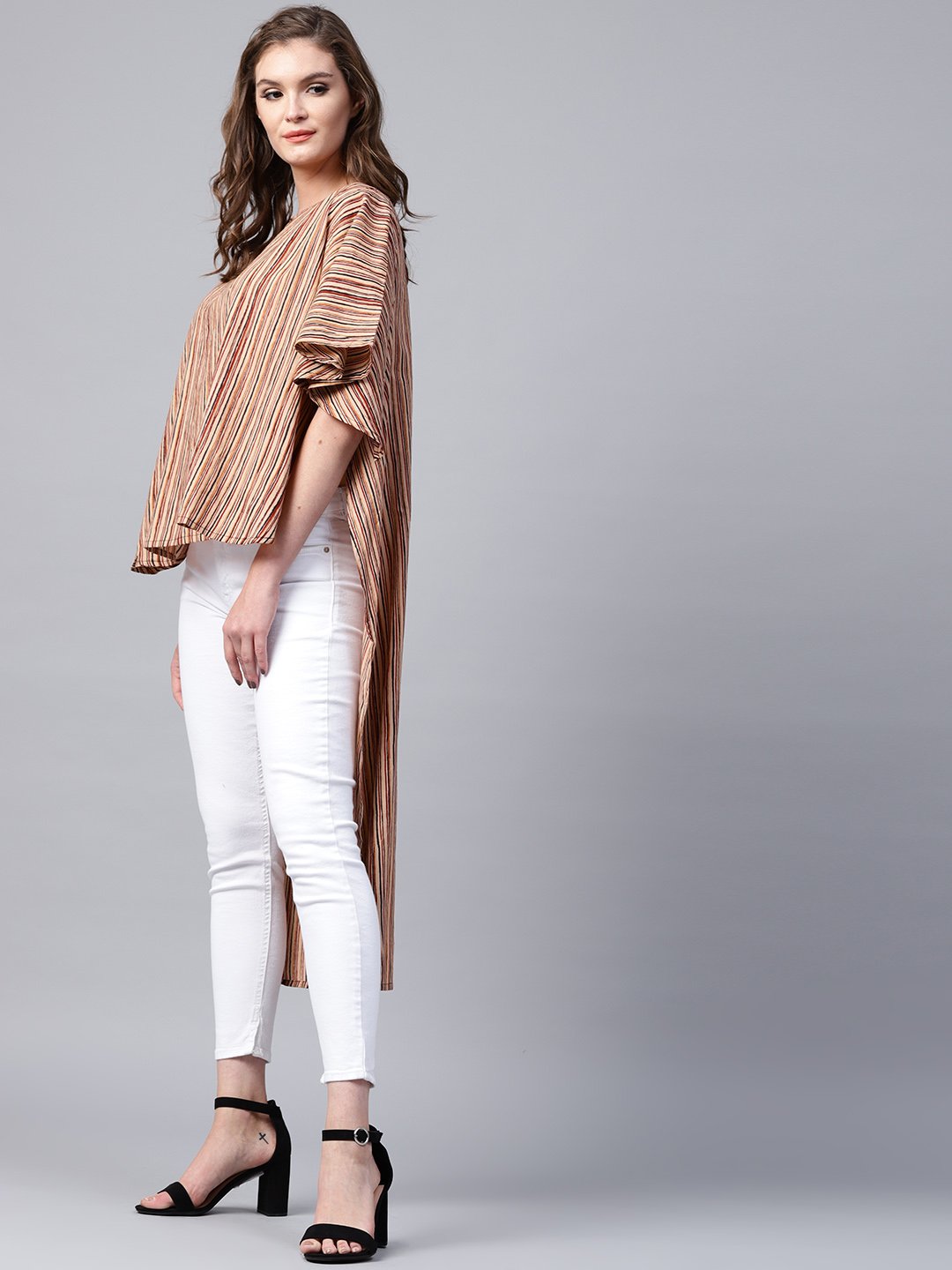 Beige Striped Half Sleeve Low High Cotton Tunics | LASVINI - Redefining Indian Fashion with Elegance