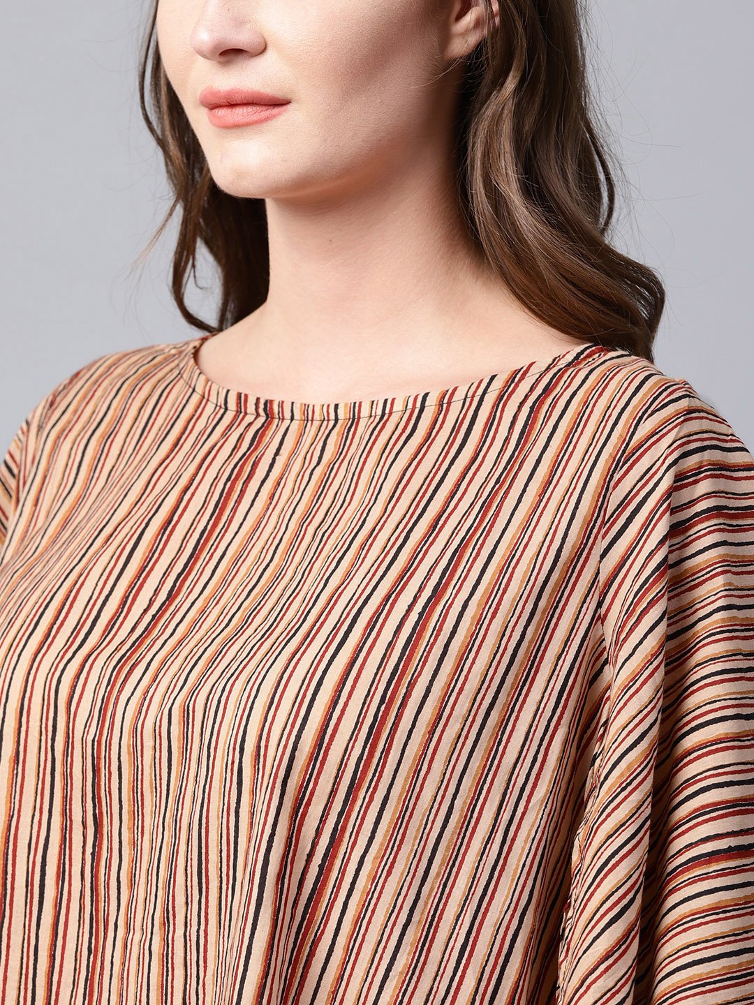 Beige Striped Half Sleeve Low High Cotton Tunics | LASVINI - Redefining Indian Fashion with Elegance