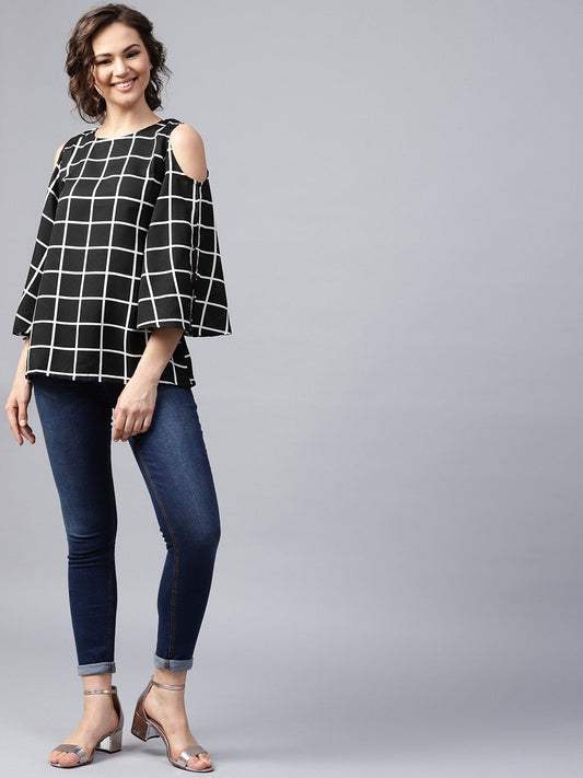 Black Checked 3/4Th Sleeve Cold Shoulder Crepe Tunic | LASVINI - Redefining Indian Fashion with Elegance