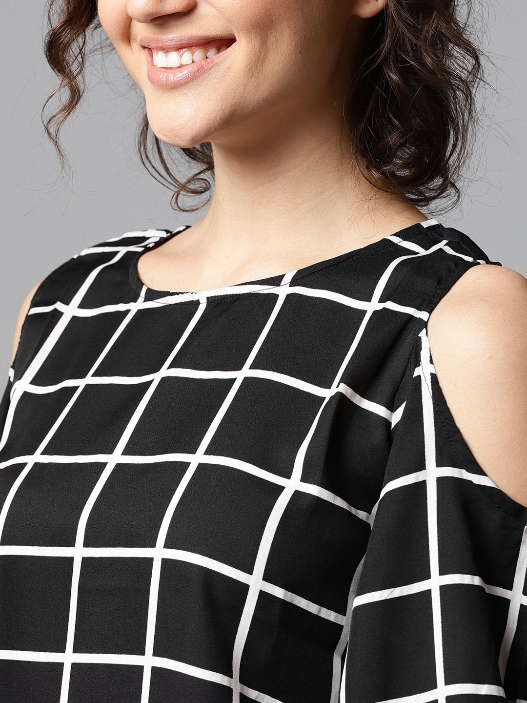 Black Checked 3/4Th Sleeve Cold Shoulder Crepe Tunic | LASVINI - Redefining Indian Fashion with Elegance