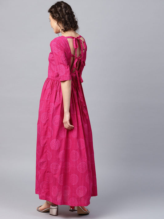 Pink Printed Half Sleeve Cotton Flared Maxi Dress | LASVINI - Redefining Indian Fashion with Elegance