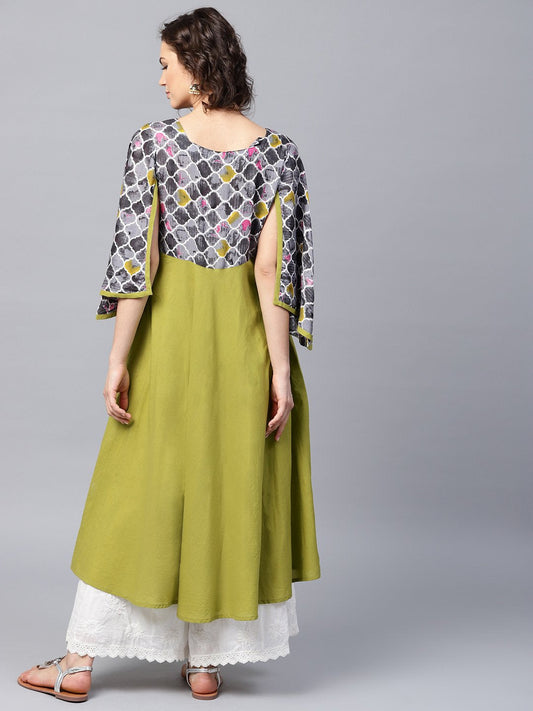 Green 3/4Th Sleeve Cotton Anarkali Kurta With Yoke Printed | LASVINI - Redefining Indian Fashion with Elegance