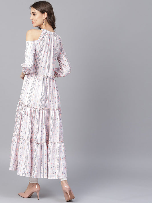 Off White Printed 3/4Th Cold Shoulder Sleeve Tiered Anarkali Kurta | LASVINI - Redefining Indian Fashion with Elegance