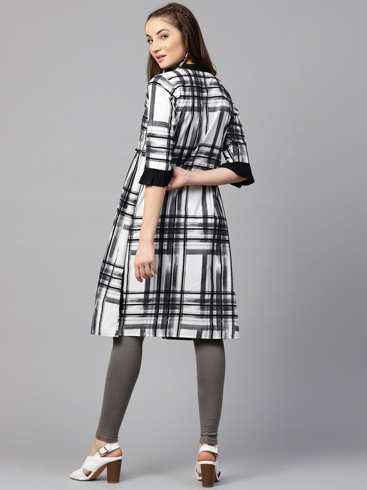 Black Check 3/4Th Sleeve Front Open Kurta | LASVINI - Redefining Indian Fashion with Elegance