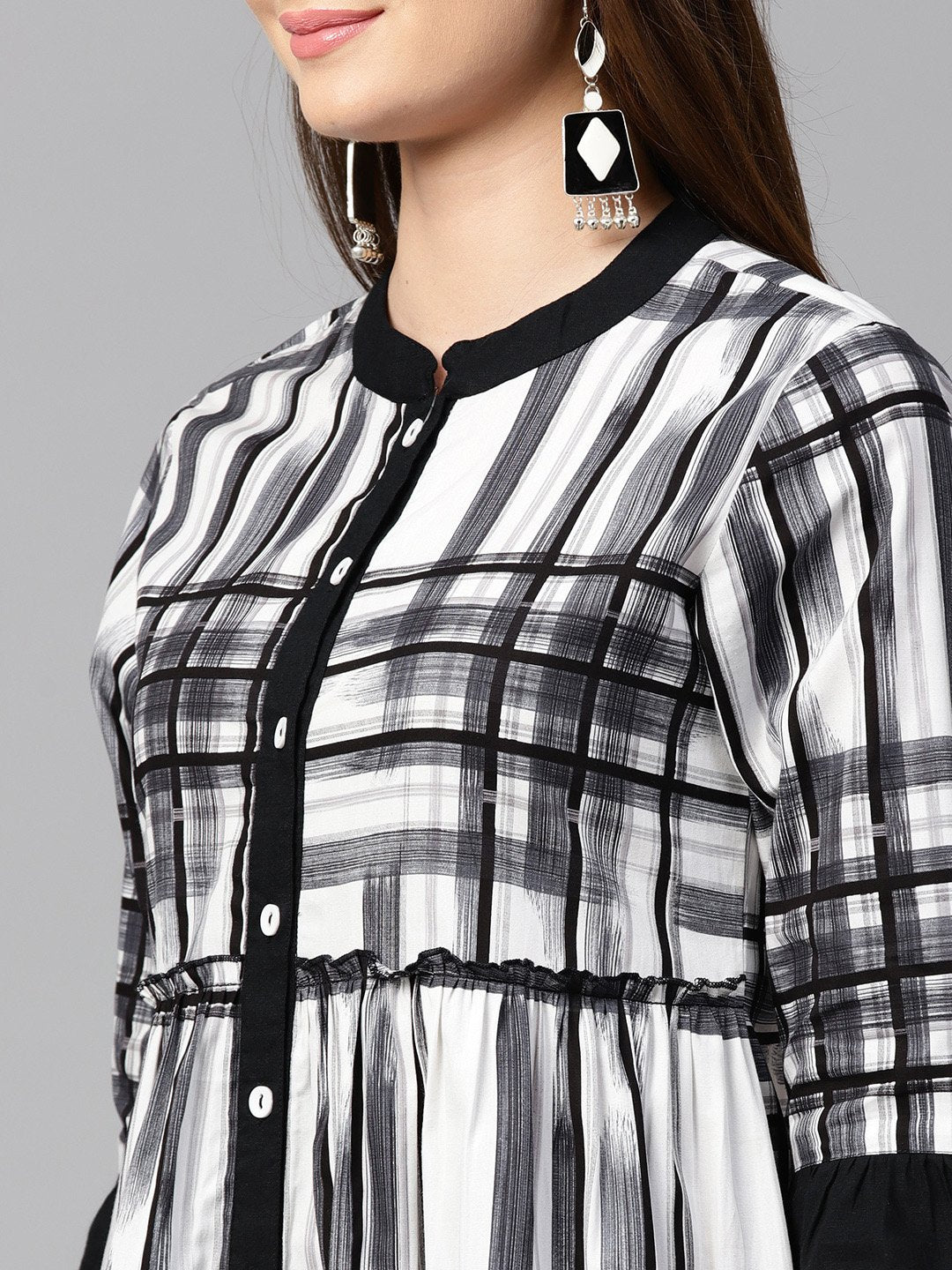Black Check 3/4Th Sleeve Front Open Kurta | LASVINI - Redefining Indian Fashion with Elegance