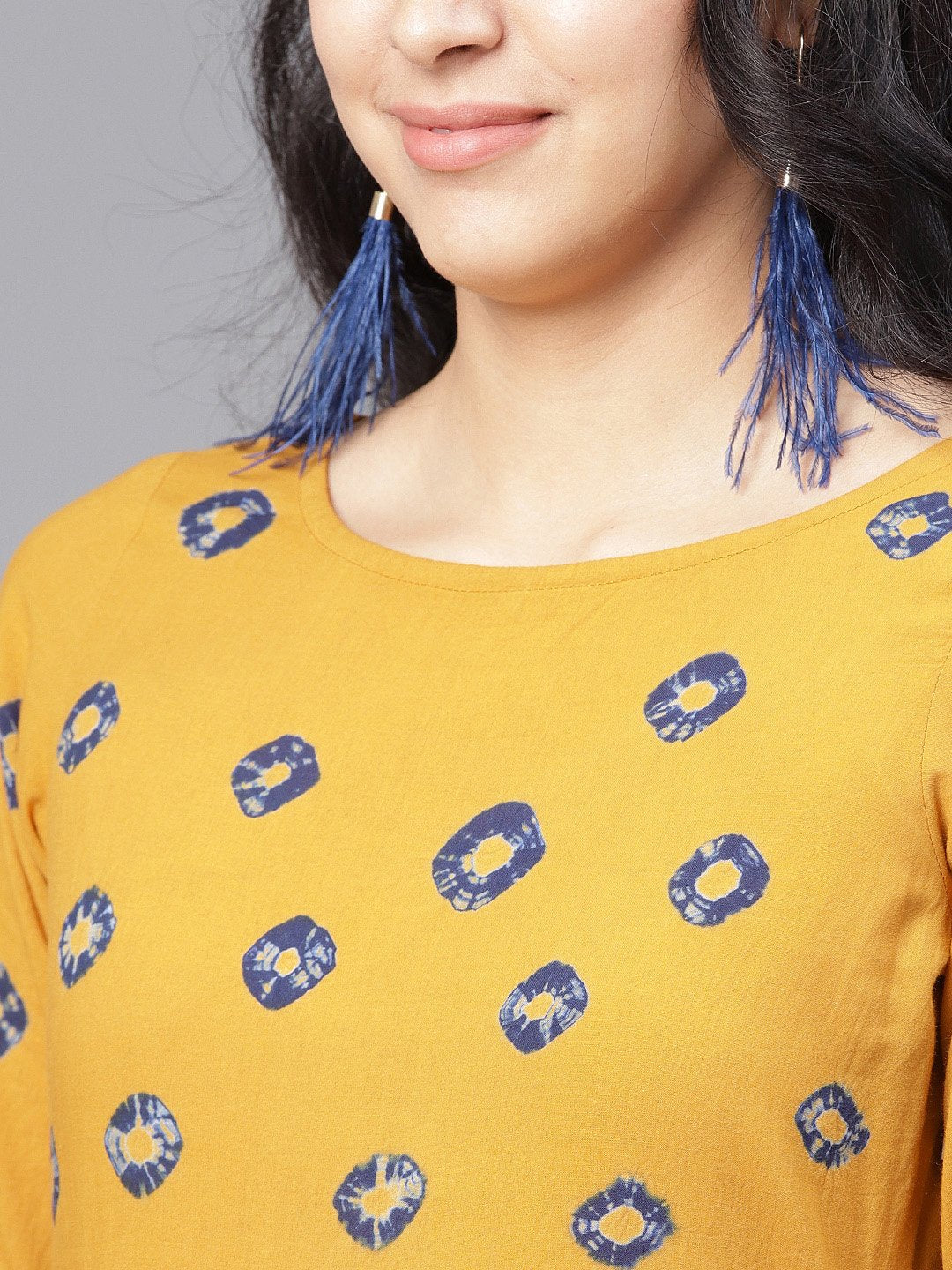 Mustard 3/4Th Sleeve Cotton Block Printed Anarkali Kurta | LASVINI - Redefining Indian Fashion with Elegance