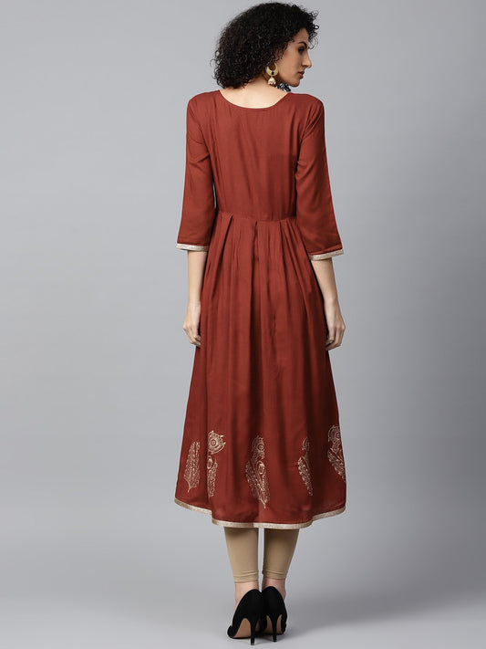 Maroon Block Printed 3/4Th Sleeve Cotton Anarkali Kurta | LASVINI - Redefining Indian Fashion with Elegance