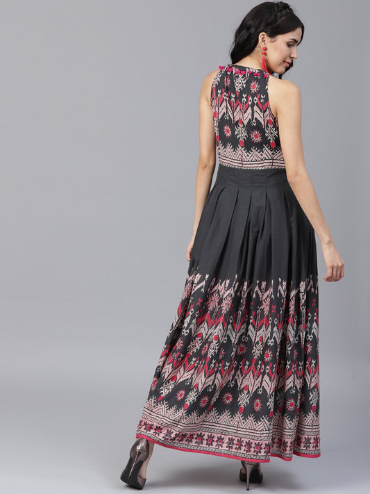 Navy Blue Printed Sleeveless Voile Anarkali Kurta | LASVINI - Redefining Indian Fashion with Elegance
