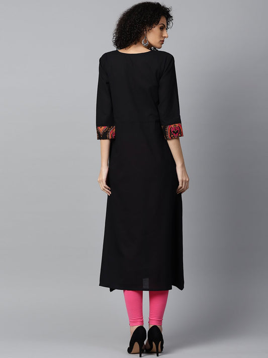Black 3/4Th Sleeve Cotton Anarkali Kurta With Printed Jacket At Yoke | LASVINI - Redefining Indian Fashion with Elegance