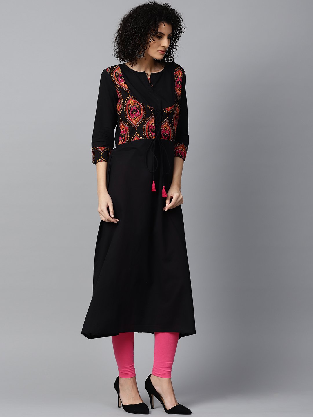Black 3/4Th Sleeve Cotton Anarkali Kurta With Printed Jacket At Yoke | LASVINI - Redefining Indian Fashion with Elegance