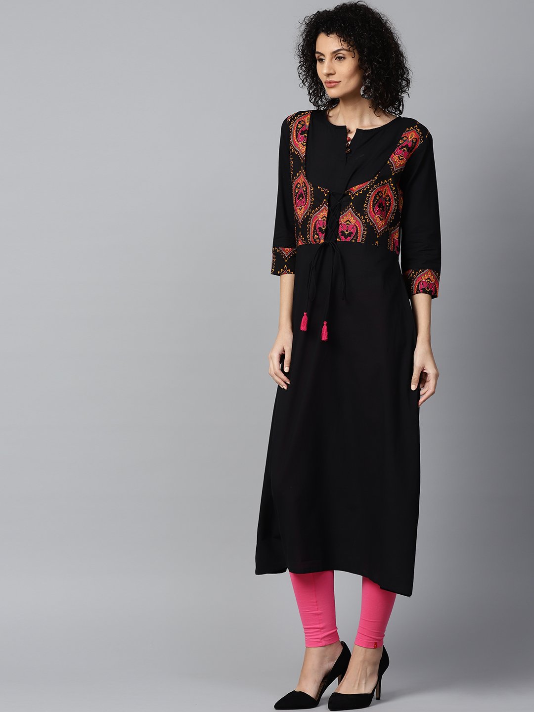 Black 3/4Th Sleeve Cotton Anarkali Kurta With Printed Jacket At Yoke | LASVINI - Redefining Indian Fashion with Elegance