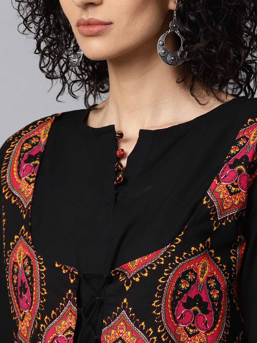 Black 3/4Th Sleeve Cotton Anarkali Kurta With Printed Jacket At Yoke | LASVINI - Redefining Indian Fashion with Elegance