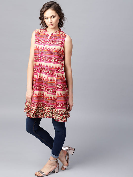 Pink And Blue Printed Sleeveless Cotton Maxi Dress With Pocket | LASVINI - Redefining Indian Fashion with Elegance