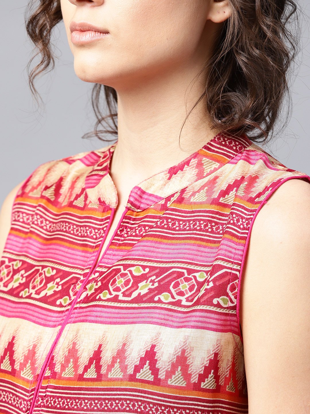 Pink And Blue Printed Sleeveless Cotton Maxi Dress With Pocket | LASVINI - Redefining Indian Fashion with Elegance