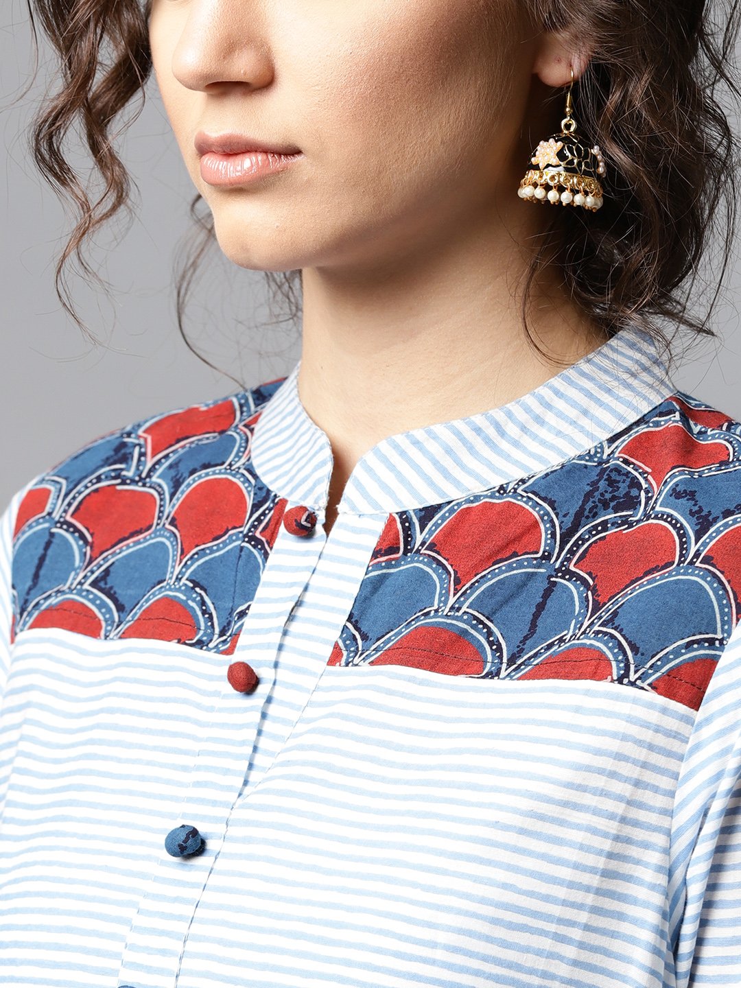 Blue Striped 3/4Th Sleeve Cotton Straight Kurta | LASVINI - Redefining Indian Fashion with Elegance