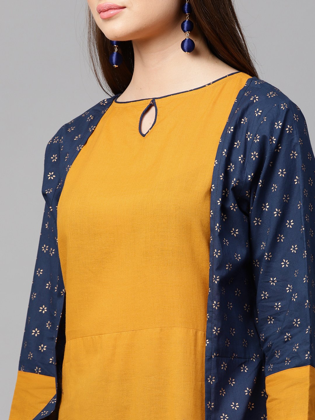 Yellow 3/4Th Sleeve Cotton Kurta With Printed Front Open Jacket Kurta | LASVINI - Redefining Indian Fashion with Elegance