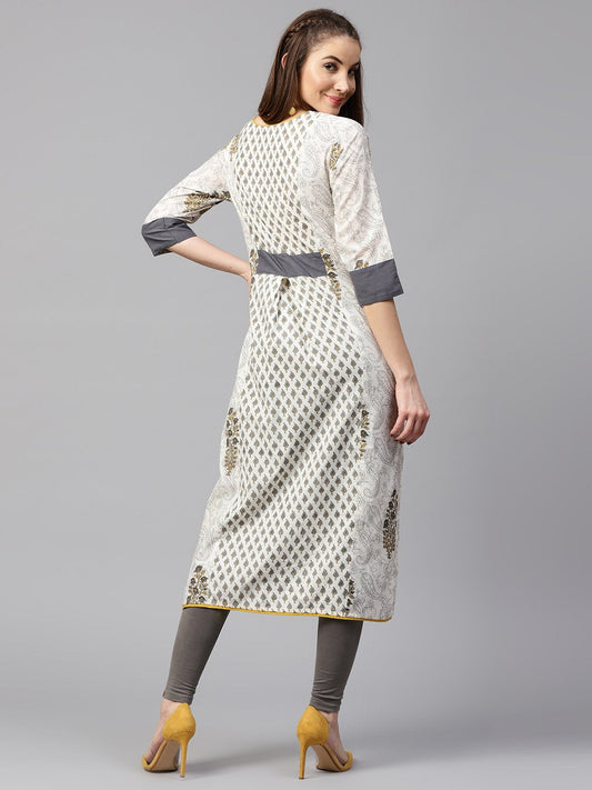 Off White Printed Half Sleeve Cotton A-Line Kurta | LASVINI - Redefining Indian Fashion with Elegance