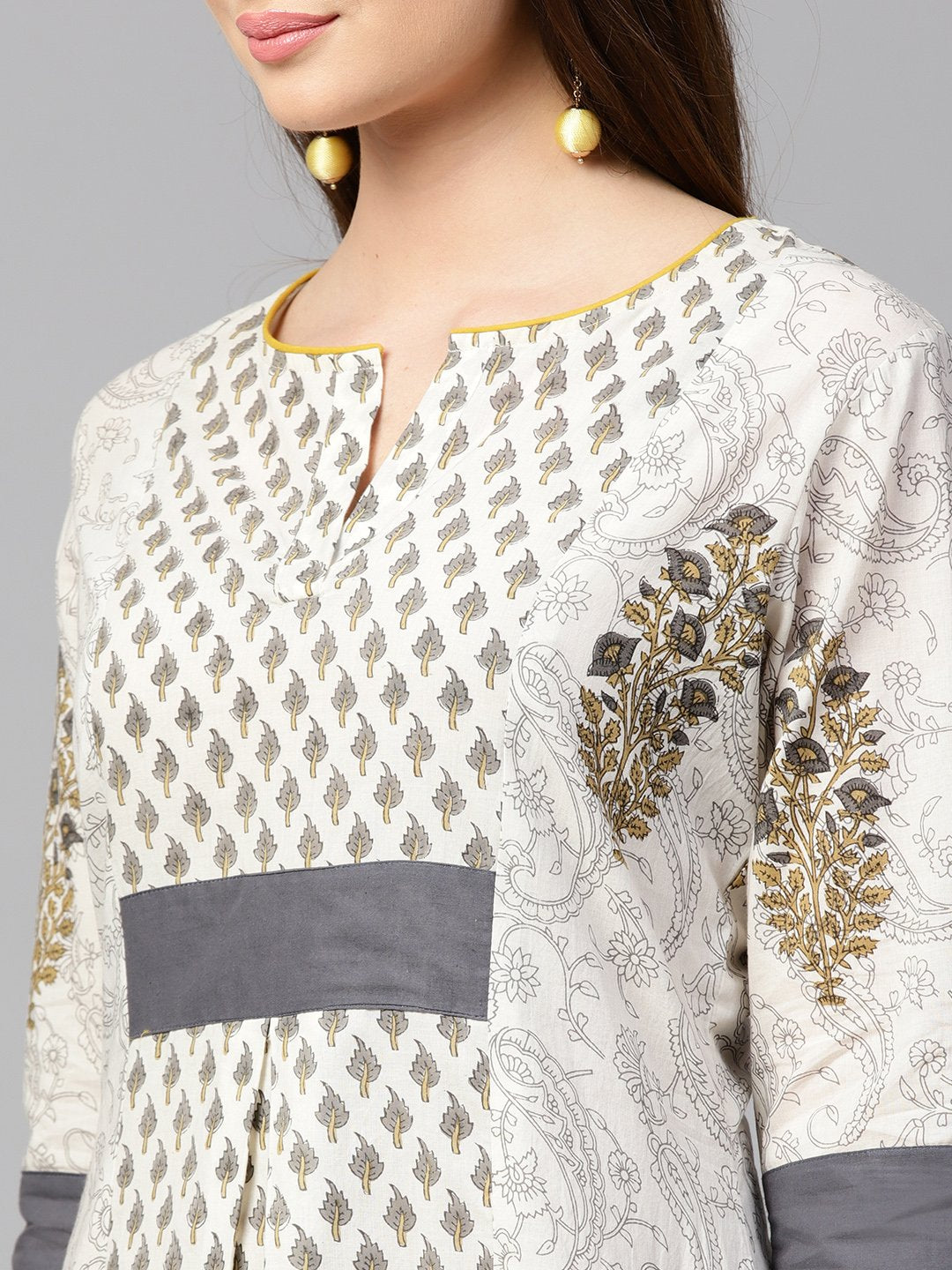 Off White Printed Half Sleeve Cotton A-Line Kurta | LASVINI - Redefining Indian Fashion with Elegance